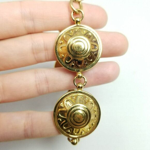 Vintage Round Gold Tone Panel Link Bracelet, Sun Flower Design, Estate - Picture 2 of 6